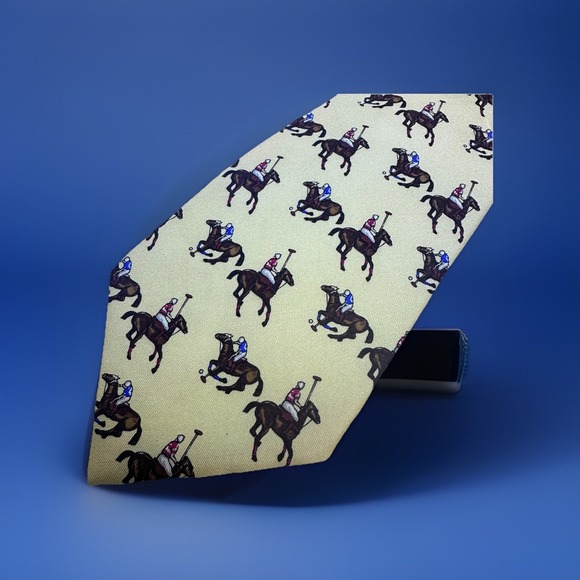VTG POLO RALPH LAUREN Men Polo Pony All Over Silk Yellow Tie Hand Made - Picture 1 of 3
